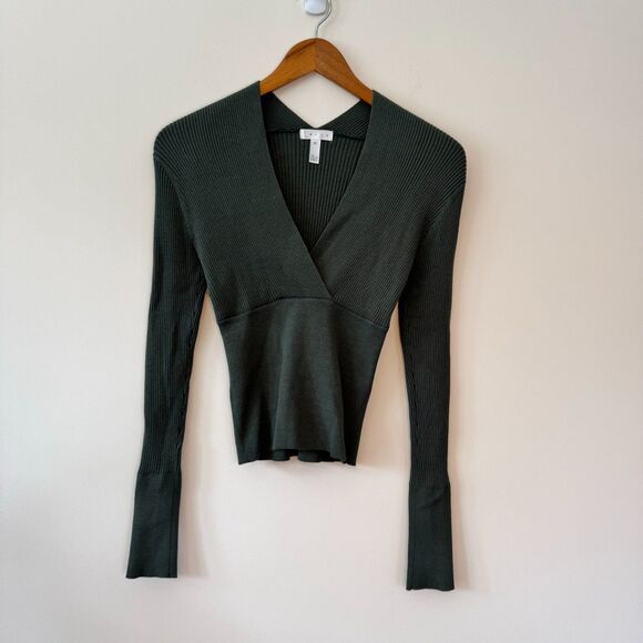 Leith Ribbed Olive Green V Neck Sweater - Picture 1 of 5